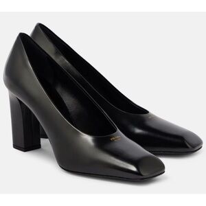 Prada 85mm Black Brushed Leather Gold Logo Show Classic Block Heel Pump 38.5